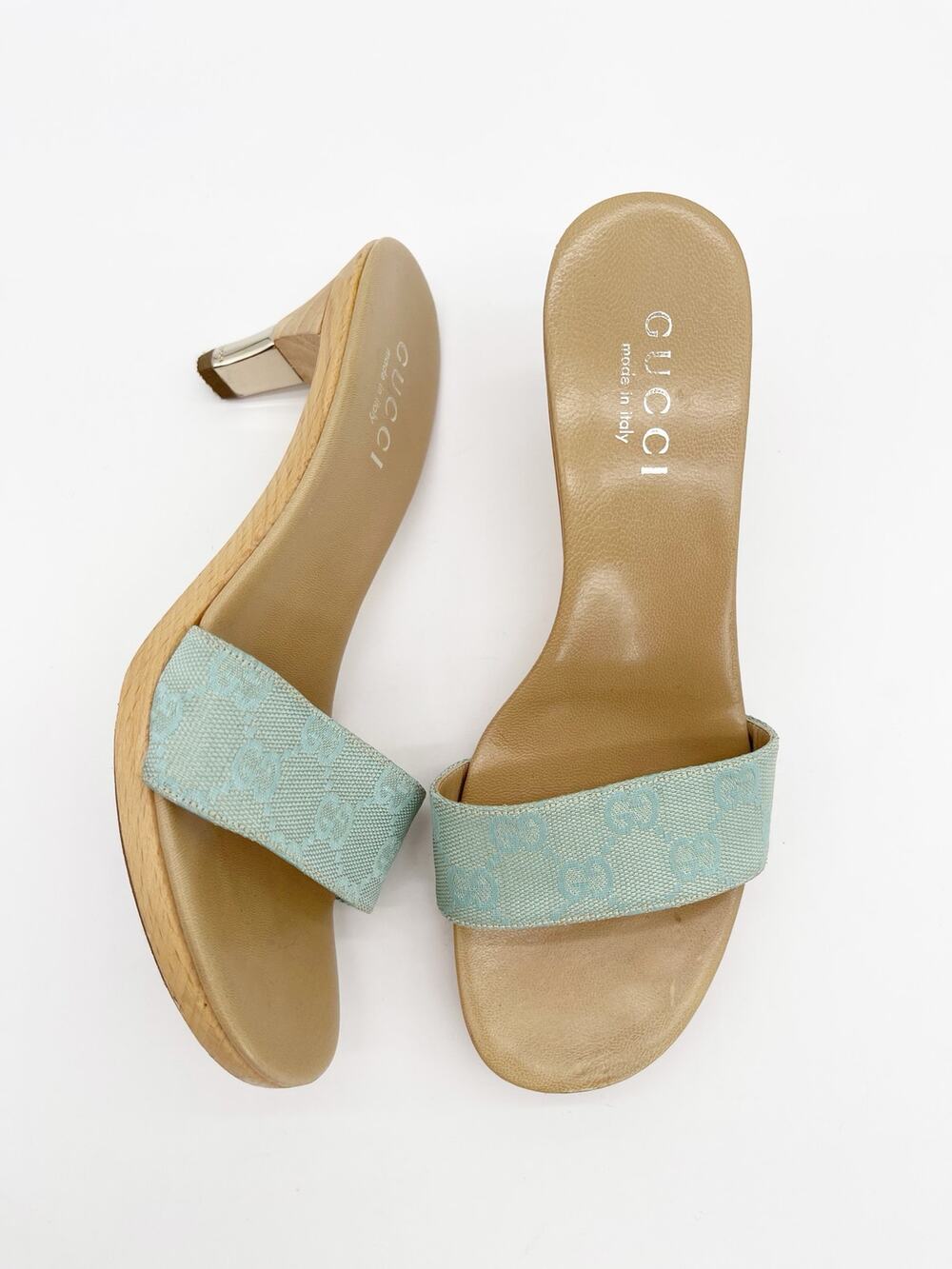 Gucci Vintage Teal GG Monogram Canvas Wooden Heel Slide Mule Sandals EU 36.5